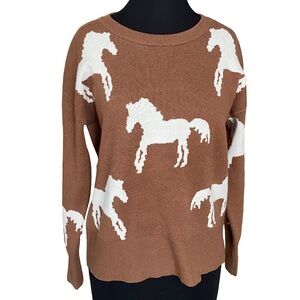 Tahari horse print equestrian pullover preppy brown viscose sweater size small
